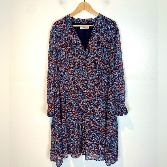 MNG Mango Ditsy Floral Midi Dress Size 20 Long Sleeve Chiffon V-Neck - Picture 1 of 11